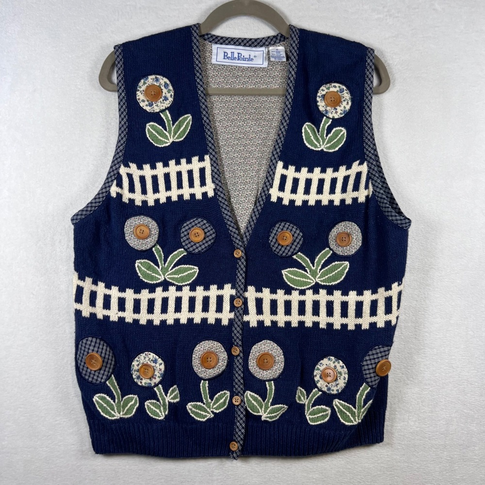 Belle Pointe Vintage Floral Picket Fence Knit Sweater Vest Navy Blue Medium